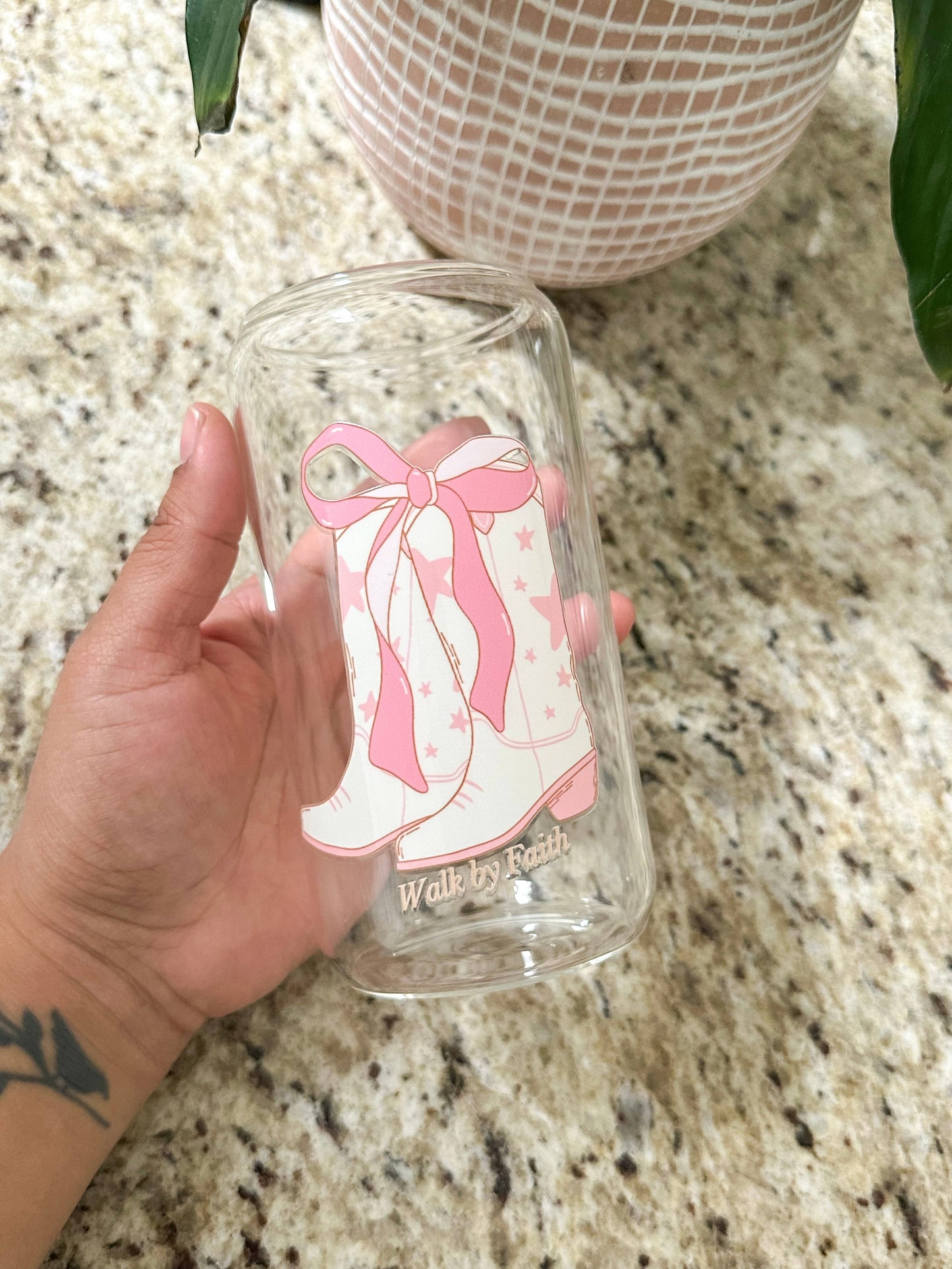 Walk by faith glass cup with lid and straw