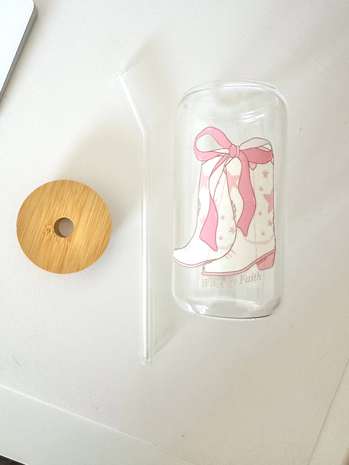 Walk by faith glass cup with lid and straw