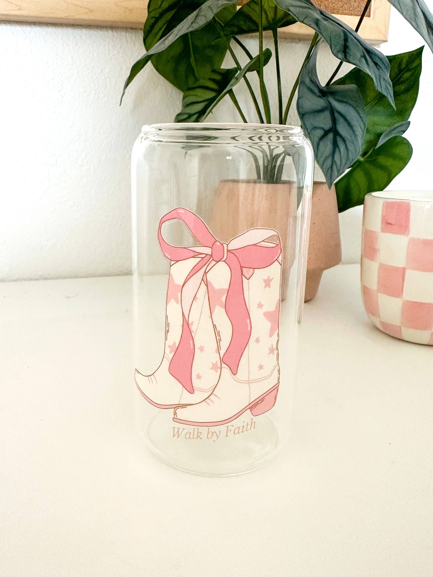 Walk by faith glass cup with lid and straw