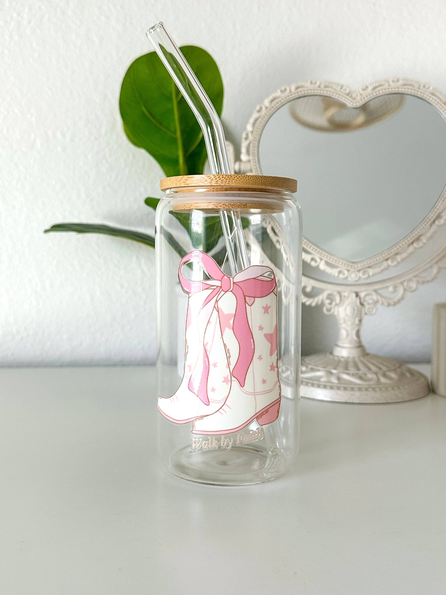 Walk by faith glass cup with lid and straw